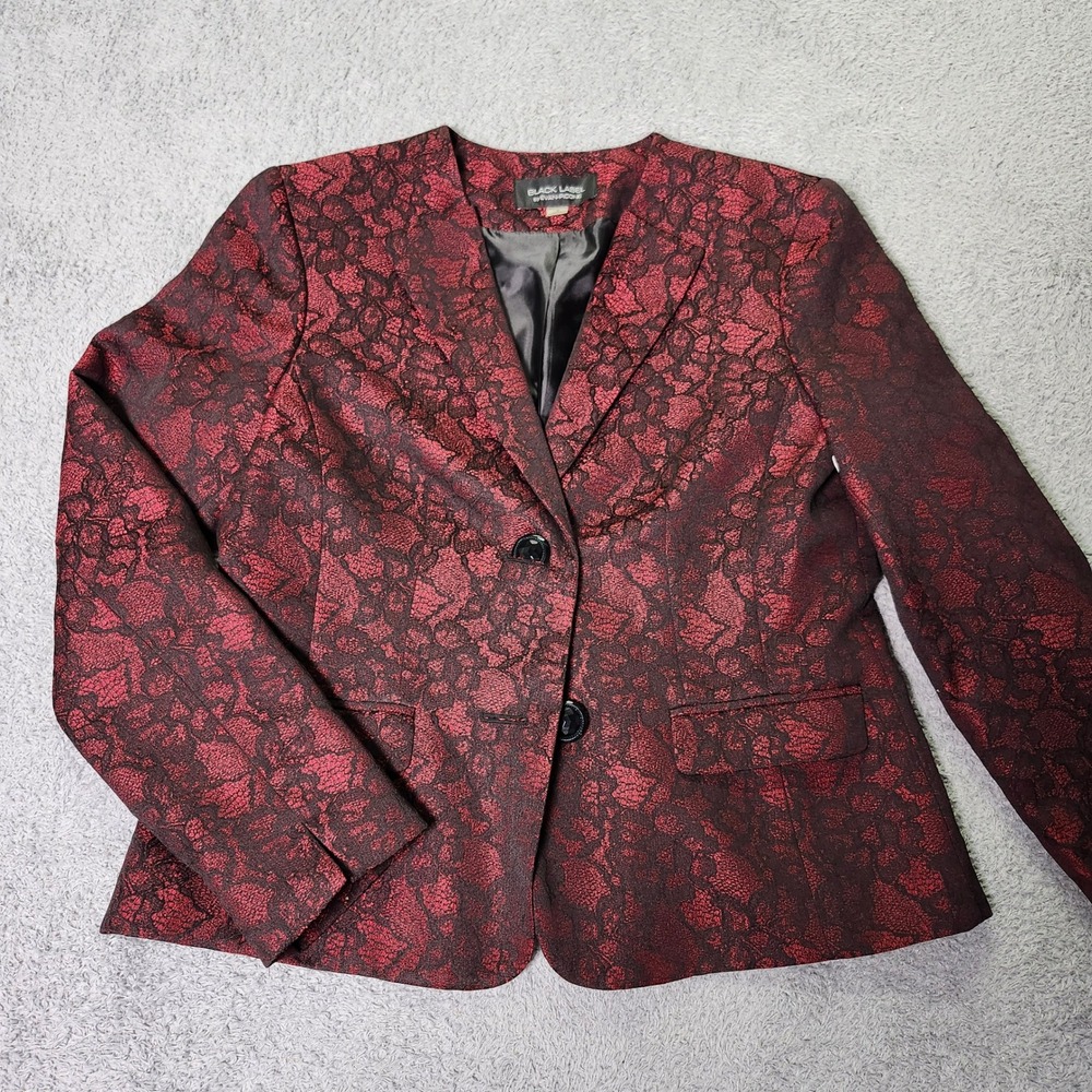 Evan-Picone Black Label Womens 8 Blazer Burgundy Black Floral Jacquard 2-Button